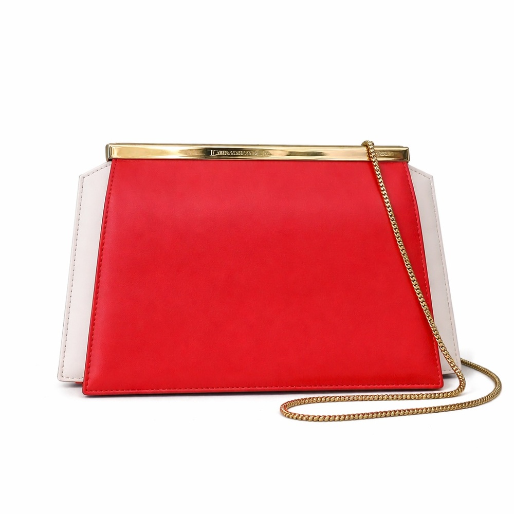 Giorgio Armani Pink-Red Leather Evening Clutch Silver Frame Chain Strap - Picture 3 of 10